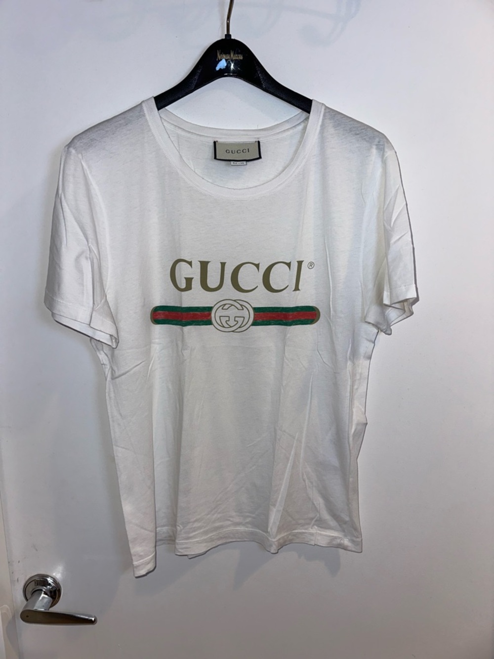 Gucci White Logo Tee with Green & Red Stripe